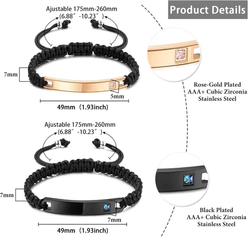 Vista 5 de Pulseras personalizadas con nombre para parejas, pulseras ajustables de acero inoxidable grabadas personalizadas, regalo para hombres, mujeres