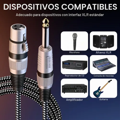 Vista 6 de Cable XLR hembra a 1/4 pulgada TS 3 pies, cable de micrófono de 3 pines XLR hembra de nailon trenzado a 6.35mm TS macho desequilibrado
