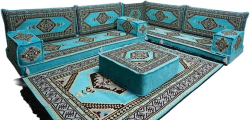 Vista 157 de arabicsofa Juego de asientos Jalsa en forma de L – Majlis árabe hecho a mano con almohadas de respaldo