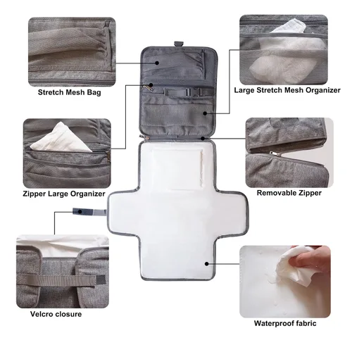 Vista 3 de Cambiador portátil para bebé, cambiador de pañales de viaje para recién nacido, cambiador de bebé impermeable, estación de cambio de pañales Gris