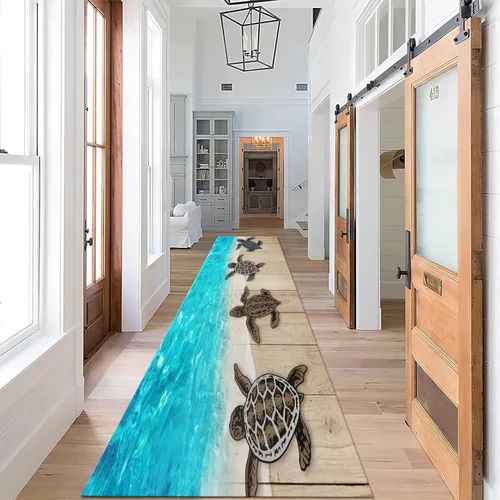 Vista 26 de Alfombra de pasillo larga con diseño de tortuga de acuarela, 2 x 6 pies, alfombra de camino de tortuga azul agua de mar para pasillos, alfombra