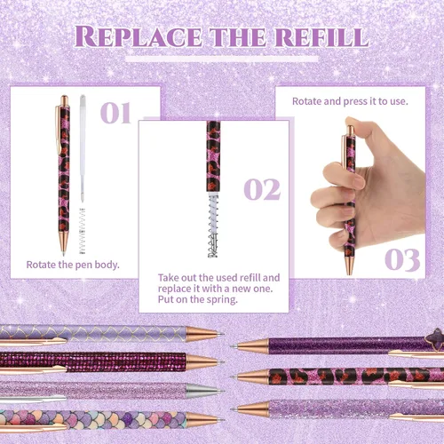 Vista 3 de Sherr 7 bolígrafos elegantes para mujer, lindos bolígrafos de purpurina brillantes con 10 recambios de tinta negra, bonitos regalos para niñas