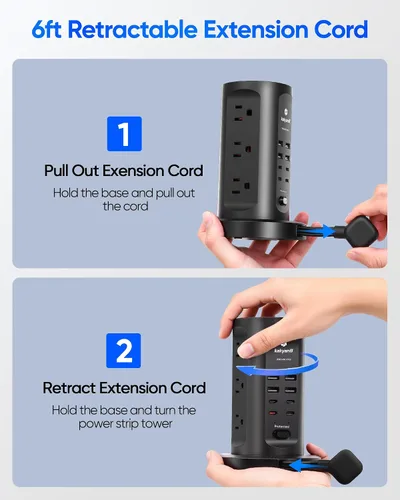 Vista 2 de Torre de Regleta de Alimentación, kakyanill Torre Protectora contra Sobretensiones 9 Tomas de CA 8 USB (4 USB C), Cable de Extensión Retráctil de 6