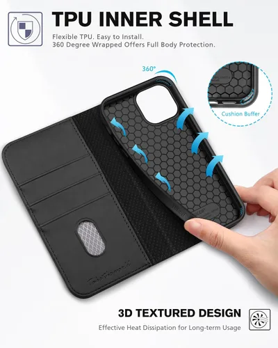 Vista 5 de TUCCH - Funda tipo cartera con 3 ranuras para tarjetas para iPhone 13 (6.1") 2021, color negro Soporte de visión, carcasa de TPU a prueba
