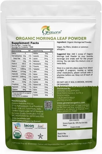 Vista 8 de Grenera Moringa en polvo orgánico Hoja de Moringa Oleifera Ingrediente a base de plantas Probado en laboratorio para calidad Mezcla fácil