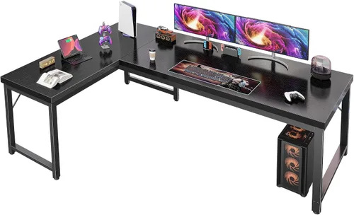 Vista 11 de Huuger Escritorio en forma de L de 55 pulgadas con tomas de corriente y puerto USB-C, escritorio de computadora reversible, escritorio de esquina