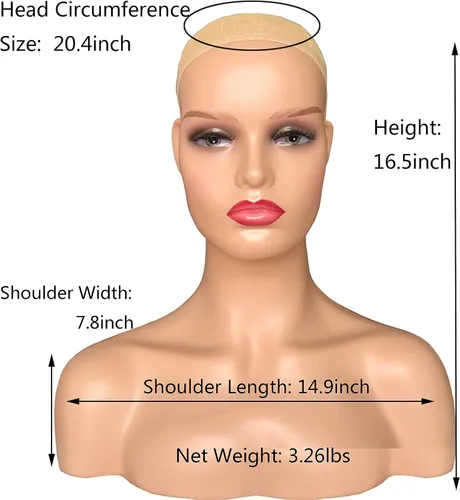 Vista 6 de Voloria Cabeza de maniquí femenino realista con maniquí de hombro Cabeza de PVC Busto Peluca Soporte de cabeza con maquillaje para pelucas, collar