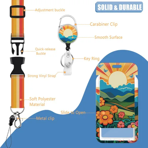 Vista 3 de Portatarjetas con cordón ajustable y carrete retráctil para insignias, protector de identificación vertical de dibujos animados, atardecer, llavero