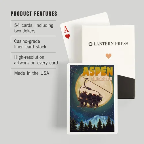 Vista 3 de Lantern Press Aspen, Colorado, Remonte de esquí y luna llena (52 cartas de juego, baraja de cartas de tamaño póquer con comodines)
