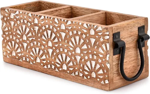 Vista 3 de NIRMAN Estante multiusos de madera de mango con 3 compartimentos para cubiertos, servilletas, tazas (11 x 4 x 4.5 pulgadas)