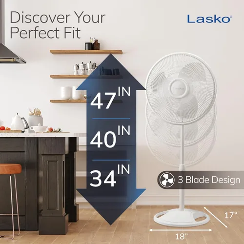 Vista 5 de Lasko Ventilador oscilante de pedestal – Ventilador de pie para dormitorio, sala de estar y oficina en casa – Altura ajustable – 3 velocidades