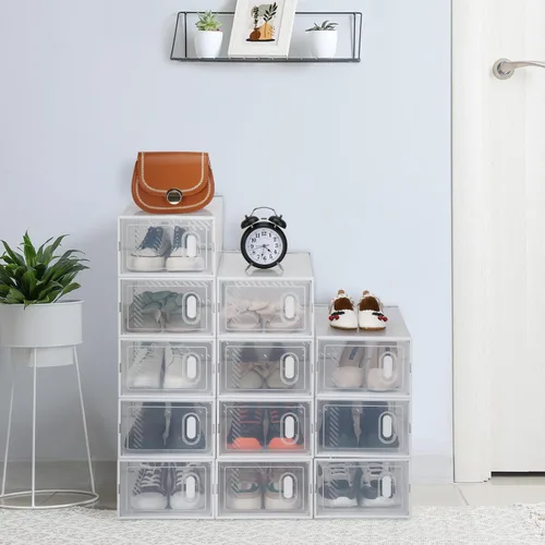 Vista 11 de Paquete de 6 cajas de zapatos apilables de plástico transparente, cajas organizadoras de zapatos con tapas para tenis, estuche para zapatos hasta