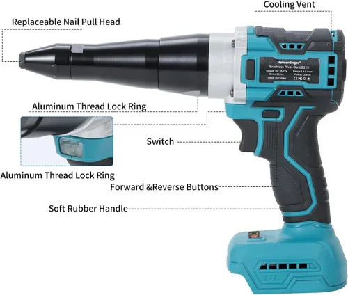 Vista 2 de Heimerdinger Remachadora inalámbrica sin escobillas compatible con batería Makita de 18 V (no incluida), fuerza de tracción de 12000N, para remaches