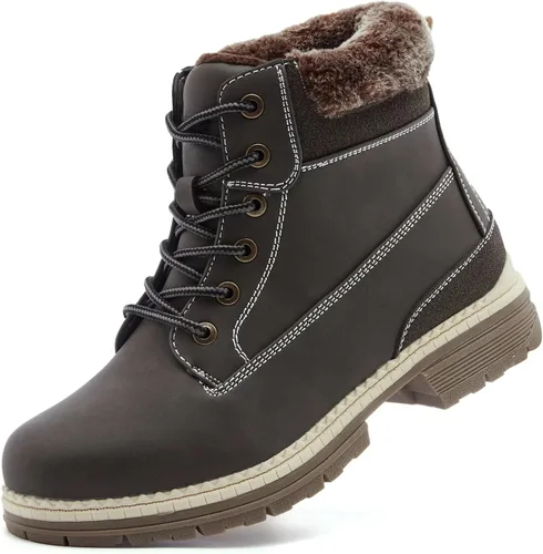 Vista 13 de Botas de invierno para senderismo en la nieve para mujer, botas de trabajo de combate marrones casuales, botas de tobillo antideslizantes con forro