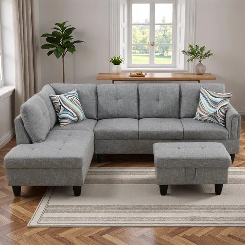 Vista 16 de Sofá modular de cuero en forma de L de 3 piezas – Sofá modular convertible con diván móvil y otomana de almacenamiento, uso multiescenario para sala