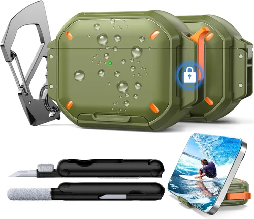 Vista 8 de RFUNGUANGO Funda protectora para AirPods Pro de 3ª generación con kit de limpieza, funda rígida militar con bloqueo para AirPod Pro 3ª