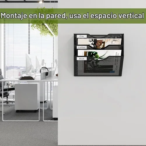 Vista 4 de EasyPAG Office - Carpeta de pared con 3 bolsillos para guardar archivos, organizador de metal para documentos Negro