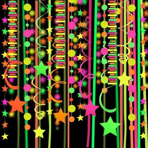 Vista 8 de Guirnalda de Papel Neón de 110 pies, Serpentinas Neón, Estrella Perforada, Decoraciones Neón de Luz Negra que Brillan para Fiestas, Reactivas a UV