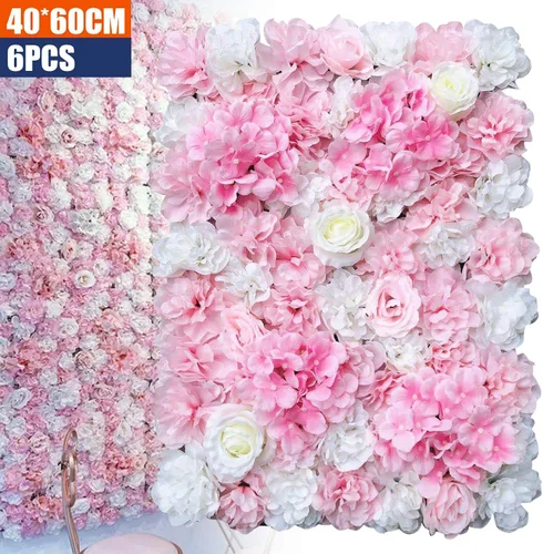 Vista 4 de OUKANING Paquete de 6 paneles de pared de flores de seda con rosas de seda, telón de fondo de pared de flores artificiales para interiores