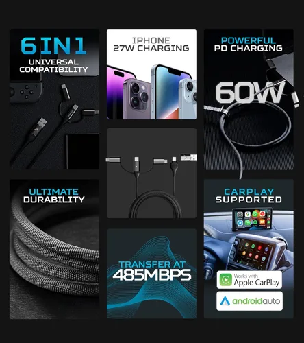 Vista 9 de Futurizta Tech Zeus-X - Cable múltiple universal 6 en 1 (6.6 pies/6.6 ft) de carga rápida de 60 W para portátil PD, QC3.0 y iPhone de 27 W, carga