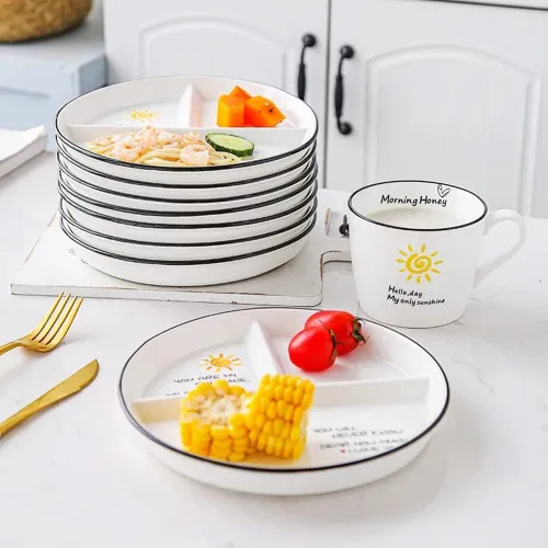 Vista 8 de Platos divididos de porcelana para niños, placas redondas de control de porciones para pérdida de peso para adultos, platos llanos con compartimento