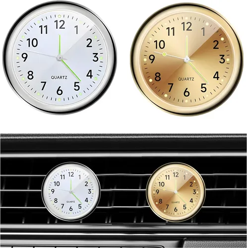 Vista 9 de Dickno 2 piezas de reloj de tablero adhesivo para automóvil, mini relojes de ventilación de cuarzo analógico luminoso, relojes de ventilación