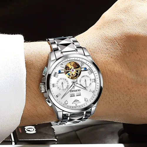 Vista 5 de OUPINKE Relojes para hombre con esqueleto automático de cuerda automática, reloj de pulsera, resistente al agua, tungsteno luminoso