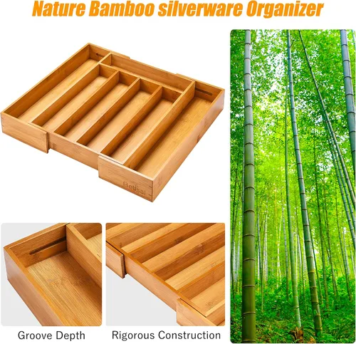 Vista 4 de Bellsal Organizador de cubiertos de 2 piezas con ranuras, organizador de cajones de cocina expandible de bambú, bandeja para utensilios de cocina