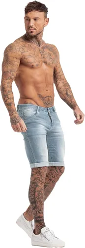 Vista 7 de GINGTTO Pantalones cortos de mezclilla para hombre, corte ajustado, elásticos, rasgados
