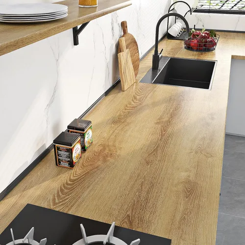 Vista 11 de Livelynine Papel adhesivo de grano de madera de carbón para encimeras de escritorio, impermeable, autoadhesivo, papel tapiz de mesa de cocina