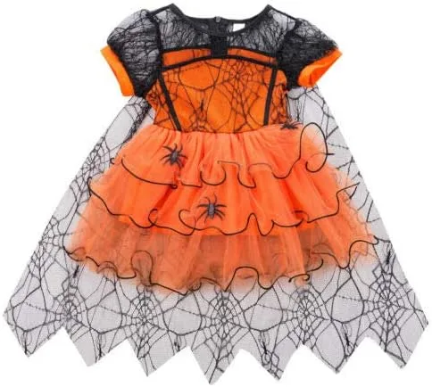 Vista 4 de Vestido de tul de Halloween para niñas pequeñas, vestido de manga larga con diseño de calabaza, telaraña, princesa, fiesta, faldas a rayas