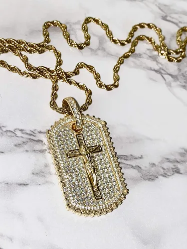 Vista 4 de Baguette - Colgante de cadena de acero inoxidable para hombre, mujer, 925 con acabado en oro italiano, colgante de plata helada, colgante de cuerda