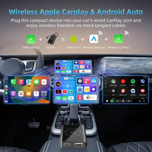 Vista 5 de AI Box - Adaptador inalámbrico CarPlay y automático, Plug & Play, WiFi de doble banda, Bluetooth 5.4, soporte de video 4K, sistema Android 13.0