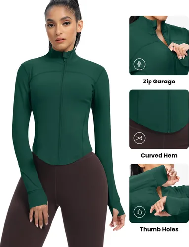 Vista 78 de AVGO Chaquetas de entrenamiento recortadas para mujer, con cremallera, ajustadas, atléticas, con agujeros para el pulgar