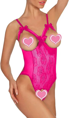 Vista 2 de Lencería sexy de peluche para mujer, body de encaje de una pieza, camisón de talla extra grande, S-3XL