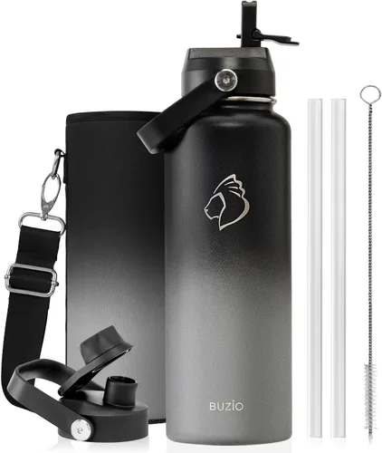 Vista 111 de BUZIO Botella de agua aislada de 24 oz, frasco de agua de boca ancha de acero inoxidable con tapa de pajita, frío durante 48 horas a prueba de Negro