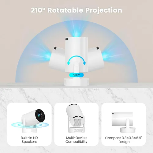 Vista 6 de Mini proyector portátil con soporte 4K, Bluetooth 5.4 WIFI6, altavoz base de sonido de 5 vatios, 160 ANSI, Android 11, rotación de 210°, proyector