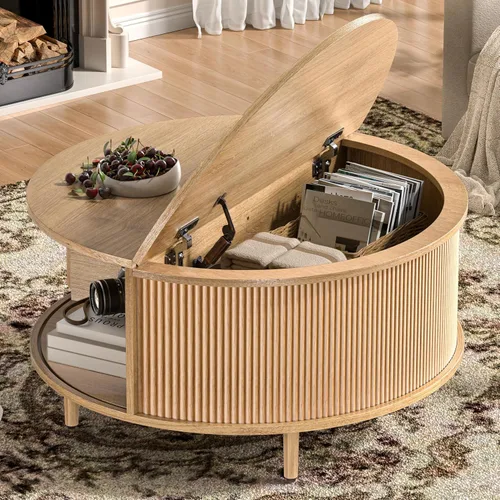 Vista 12 de Mesa auxiliar redonda, mesa central acanalada de 31.5 pulgadas con almacenamiento, mesa de centro elevable con almohadillas ajustables, puerta