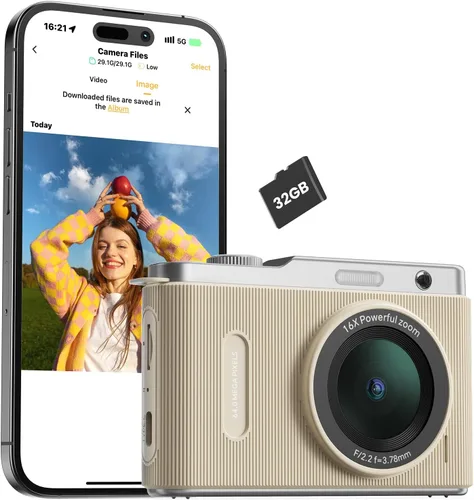 Vista 10 de Cámara digital para niños con lente dual de conmutación, 64MP 4K Point and Shoot Cámara con tarjeta de 32 GB, zoom 16X antivibración, cámaras