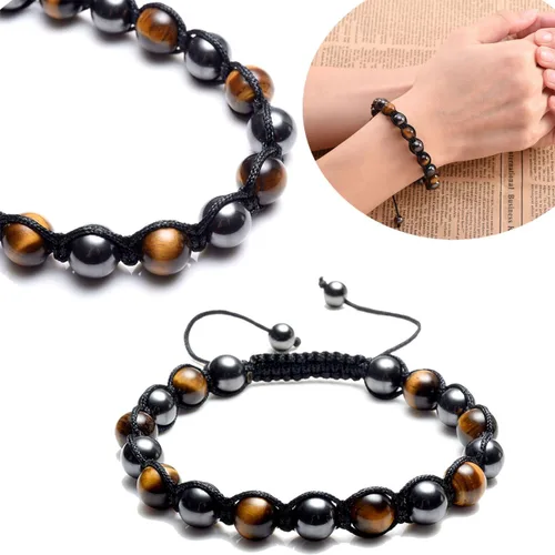 Vista 3 de Top Plaza Pulsera de eslabones trenzados ajustables para hombres y mujeres con energía curativa de ojo de tigre natural, piedras magnéticas