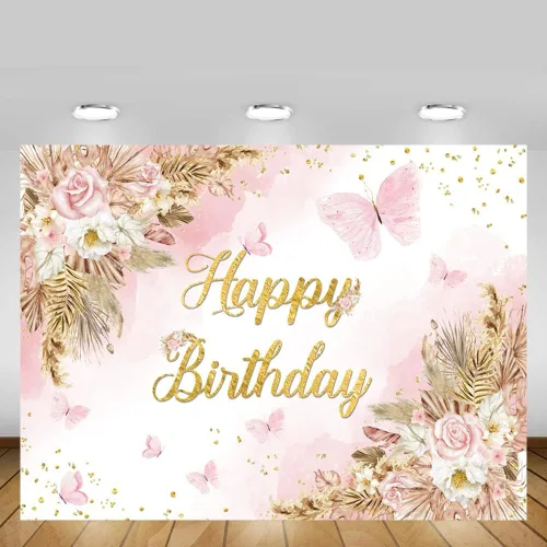 Vista 5 de MEHOFOND Telón de fondo bohemio de feliz cumpleaños de 7 x 5 pies para niñas, color rosa rubor, floral, bohemio, hierba de pampas, pasteles
