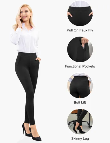 Vista 3 de PMIYS Pantalones de vestir de yoga para mujer elásticos con bolsillos para trabajo