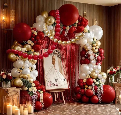 Vista 8 de Arco de globos de oro rojo y blanco, doble relleno, kit de guirnalda de globos de enlace rojo, cortina de flecos para cumpleaños, despedida de Oro