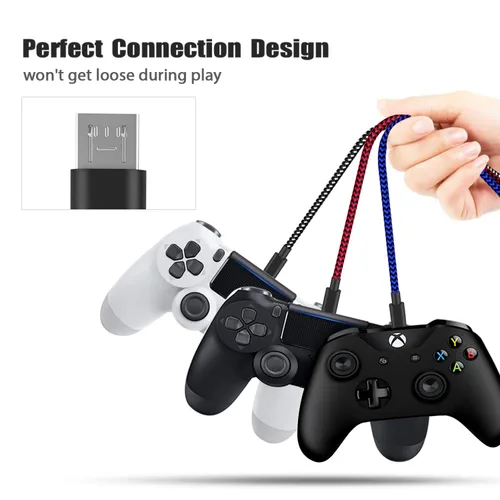 Vista 5 de Paquete de 3 cables de carga para controlador PS4 de 10 pies Cable de carga de nailon trenzado micro USB de alta velocidad compatible