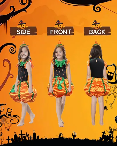 Vista 4 de Usview Disfraz de bruja de calabaza de Halloween para niña, vestido naranja verde y negro con mini sombrero, lindo juego de falda de calabaza