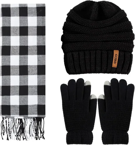 Vista 2 de Aneco Conjunto de bufanda de punto cálido de invierno para hombres y mujeres, bufanda elástica suave