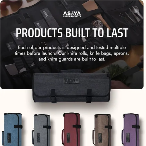 Vista 6 de Asaya Bolsa enrollable para cuchillos de chef, 20 bolsillos en total para cuchillos y utensilios de cocina, fabricada con nailon encerado resistente