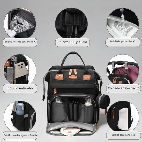 Vista 4 de Bolsa de pañales con estación de cambio, bolsa de bebé de viaje multifuncional, tote de bebé impermeable, bolsa de mamá de gran capacidad, mochila