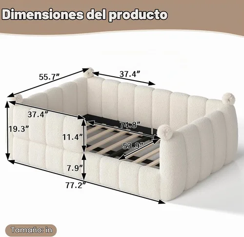 Vista 2 de Bellemave Cama Montessori tapizada de vellón de peluche de tamaño matrimonial con valla, marco de cama infantil de perfil bajo con barandillas