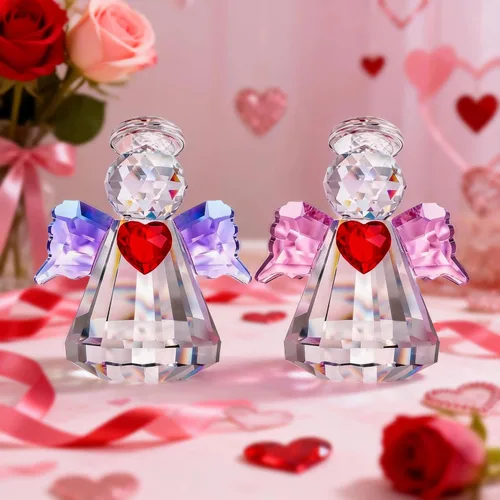 Vista 8 de HDCRYSTALGIFTS Juego de 2 figuras coleccionables de ángel guardián de cristal, adornos de ángel de cristal de 2.5 pulgadas para Navidad, Acción